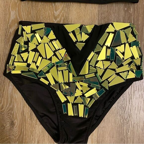 Glamour dance costume green broken glass two-piece rhinestone embellishment SA - Picture 4 of 14